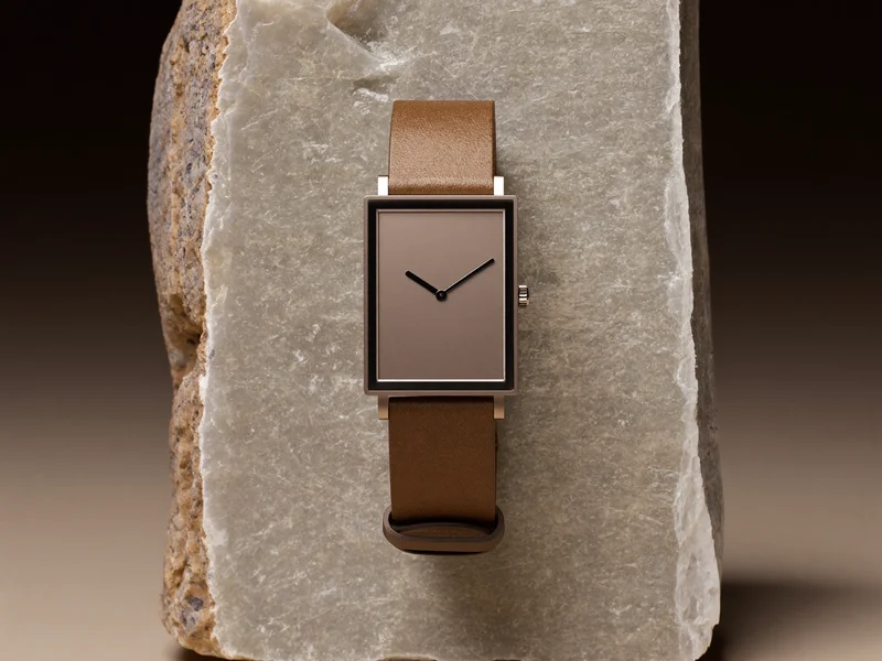 Montre à bracelet cuir et cadran mat posée sur une dalle de pierre