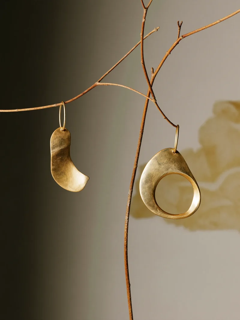 Boucles d'oreilles en laiton brossé suspendues à une branche sèche