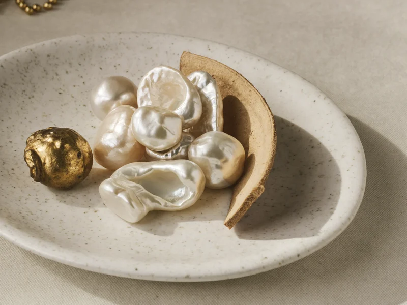 Perles brutes, laiton et cuir non teint réunis dans une coupelle de céramique