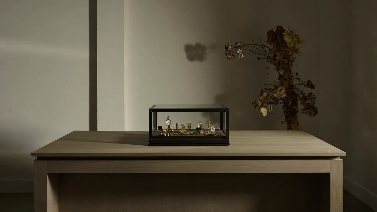 Intérieur calme d'une petite boutique lilloise avec table en bois et vitrine