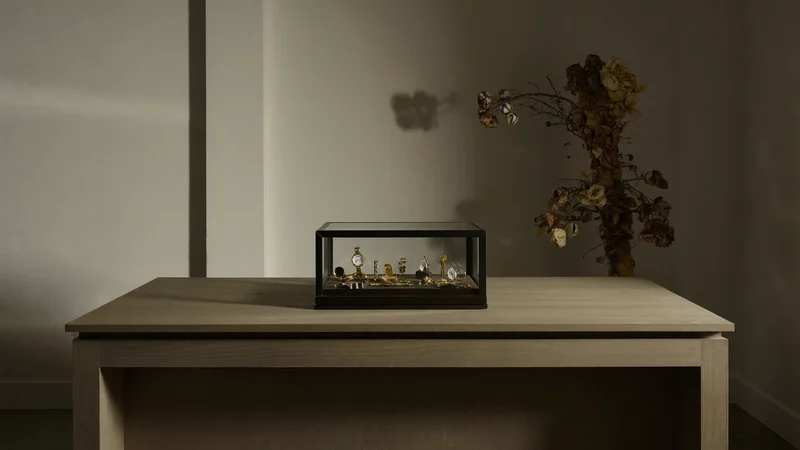 Intérieur calme d'une petite boutique lilloise avec table en bois et vitrine